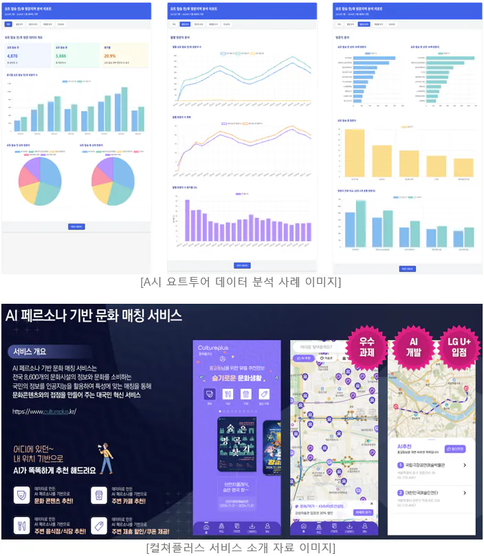 Above, three screens from a yacht tour visitor data analysis report; below, introductory material for Cultureplus, an AI persona-based cultural matching service