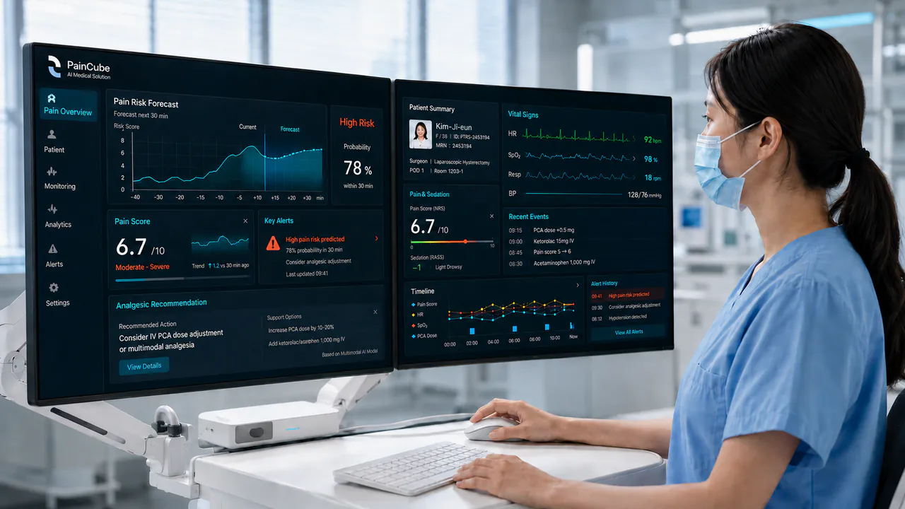A clinician looking at two PainCube dashboard screens