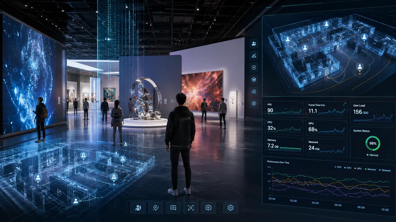 An exhibition hall shown together with visitor routes and system status