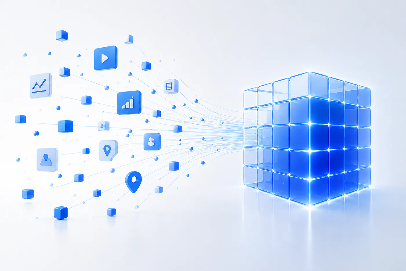 Icons for different kinds of data converging along light trails into a single cube
