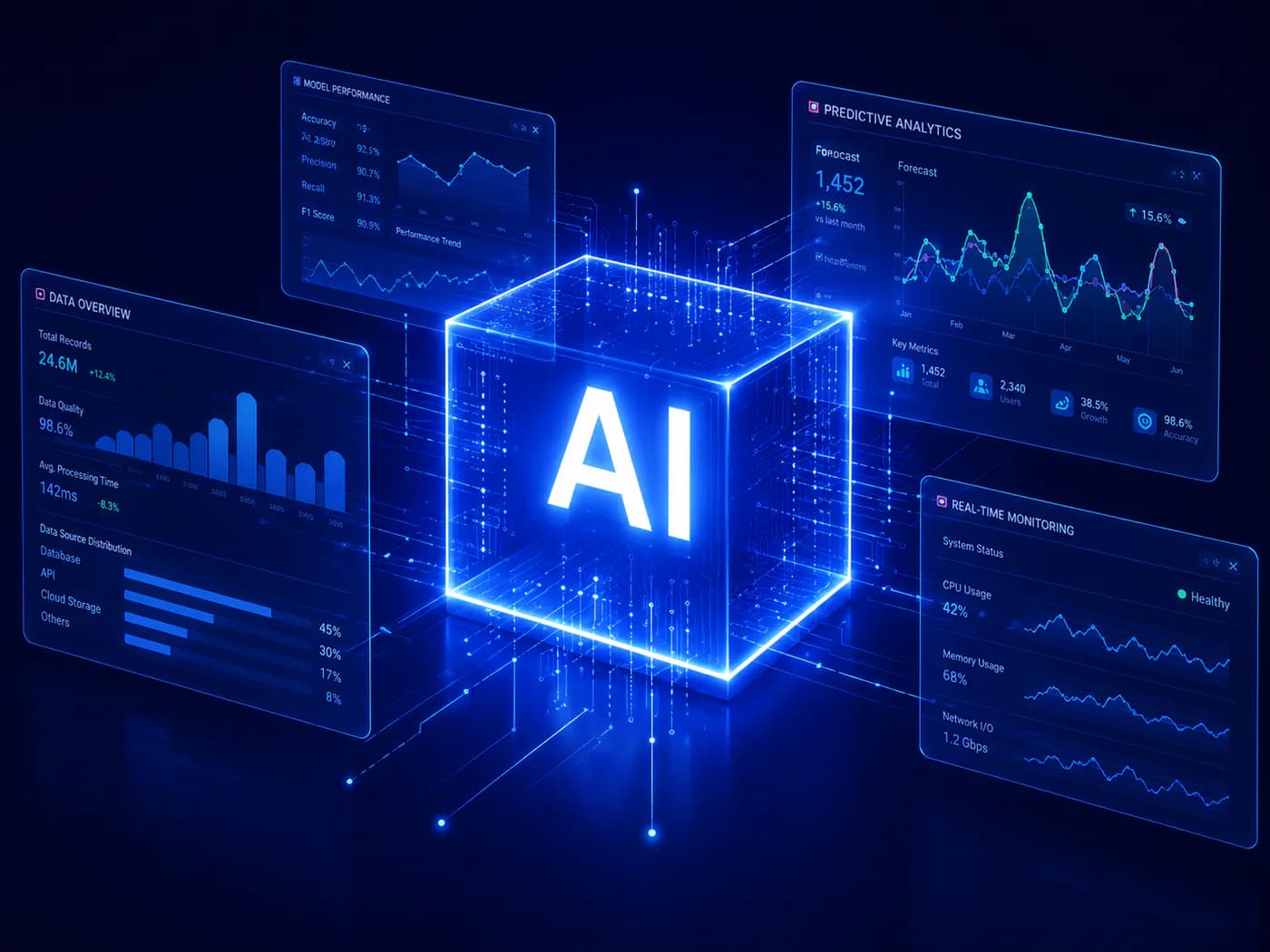 A glowing cube marked AI with analytics panels floating around it