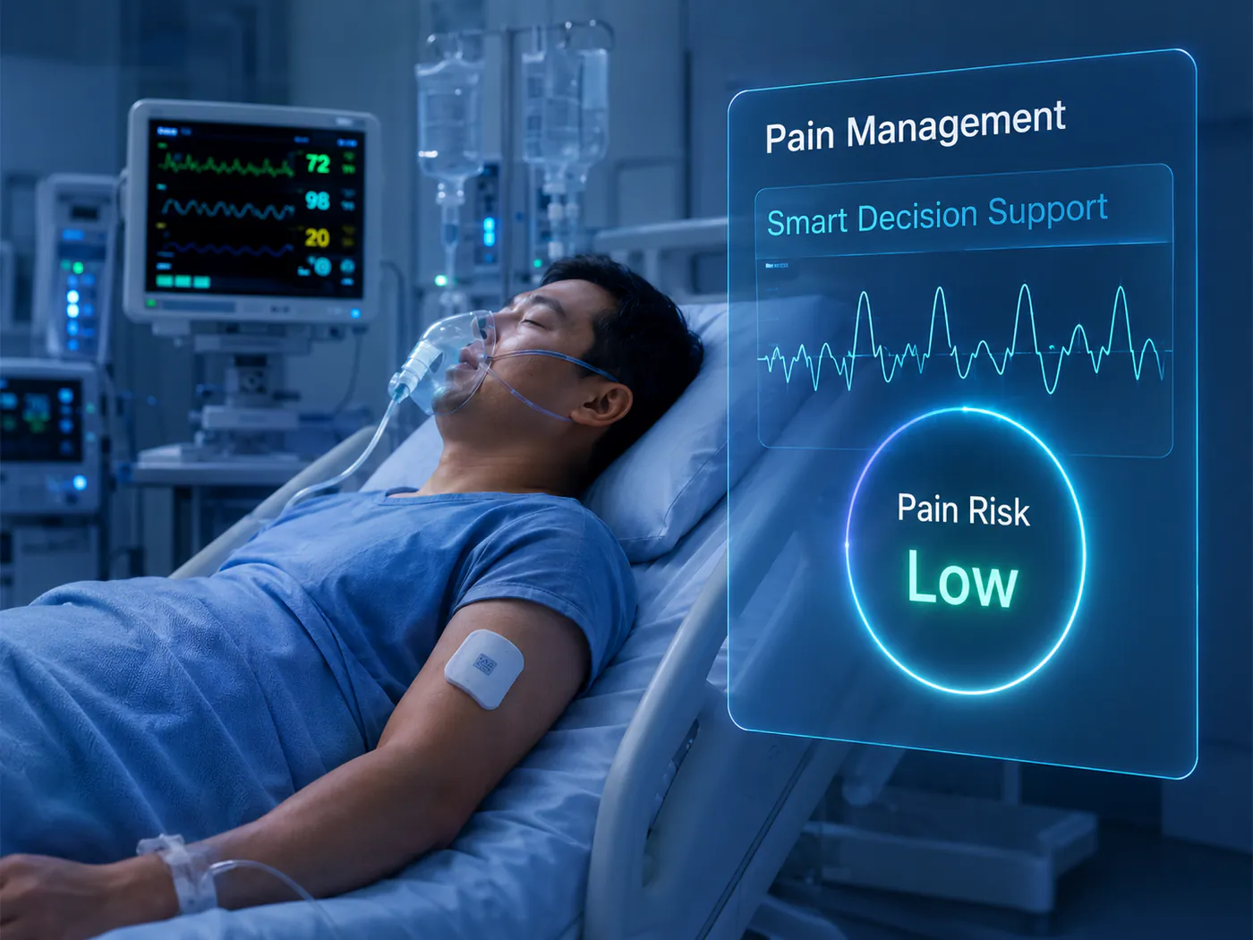 A pain management screen floating beside an intensive care bed