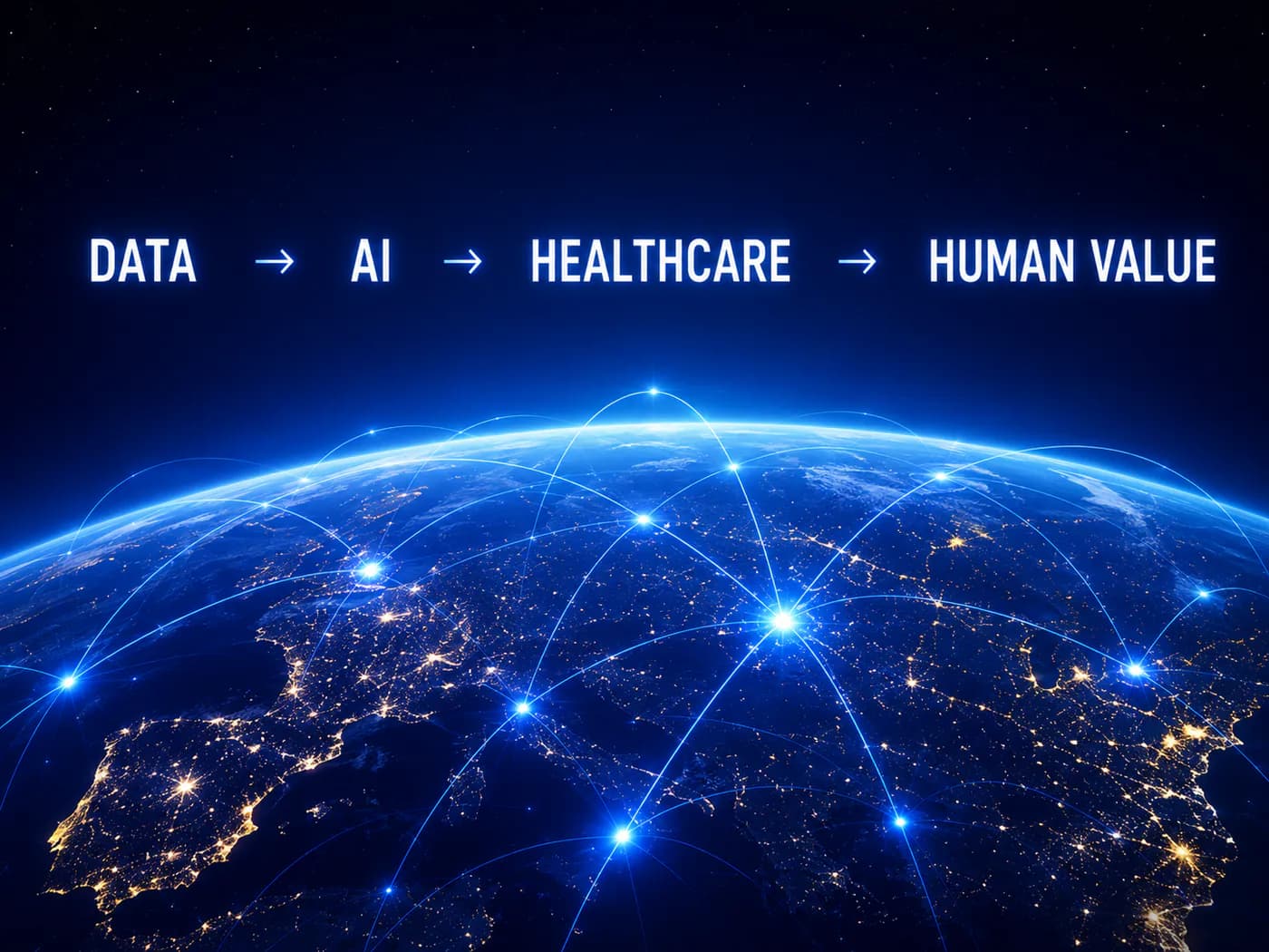 A globe laced with light, captioned DATA to AI to HEALTHCARE to HUMAN VALUE